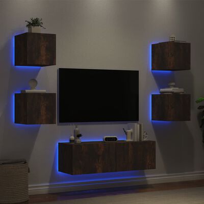 vidaXL 5-delige tv-wandmeubelset met LED-verlichting gerookt eiken
