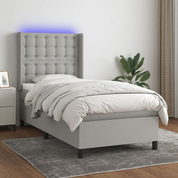 vidaXL Boxspring met matras en LED stof lichtgrijs 90x200 cm