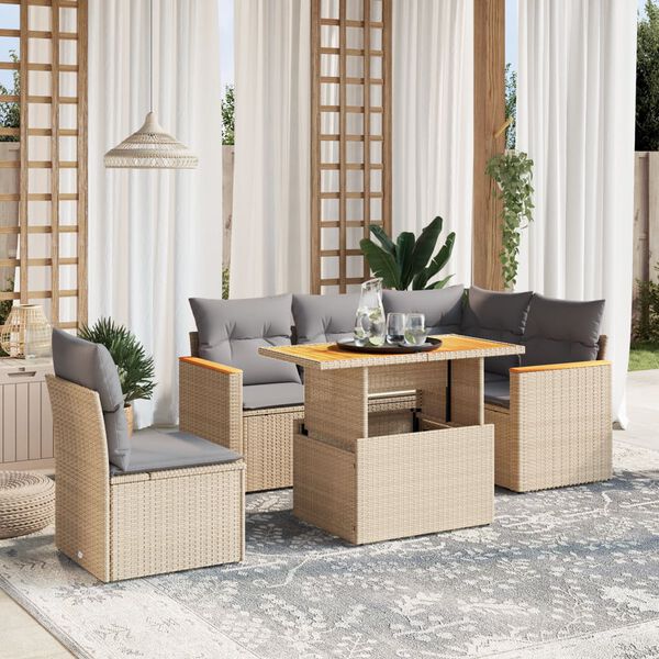 vidaXL 6-delige Loungeset met kussens poly rattan beige