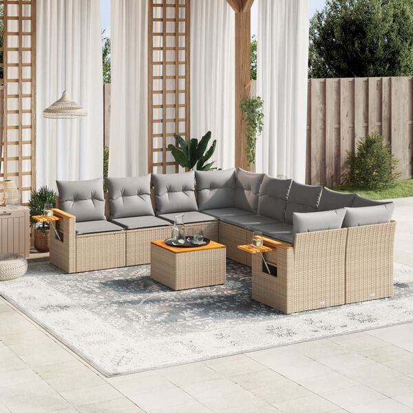 vidaXL 9-delige Loungeset met kussens poly rattan beige
