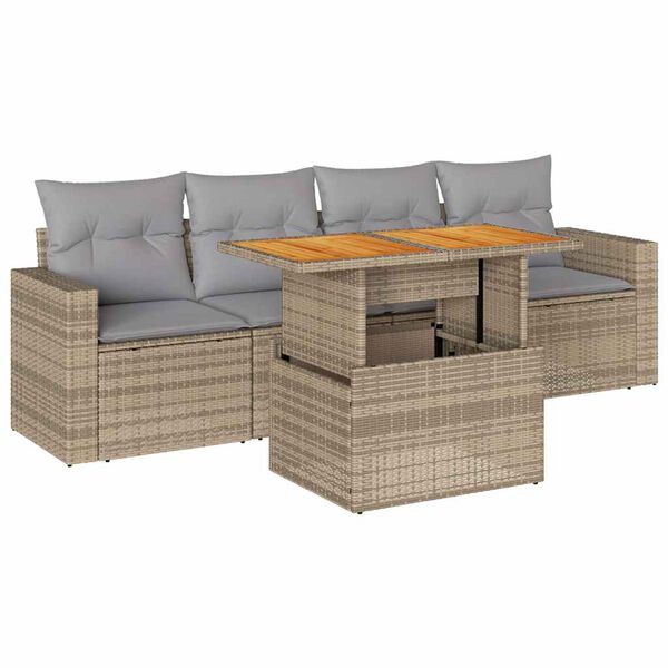 vidaXL 5-delige Loungeset met kussens poly rattan beige