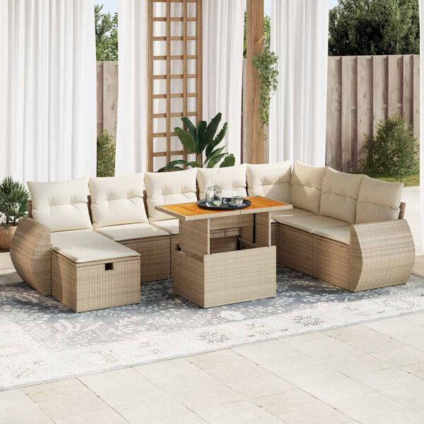 vidaXL 9-delige Loungeset met kussens poly rattan acacia beige