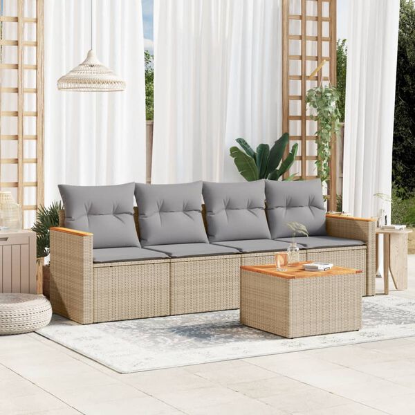 vidaXL 5-delige Loungeset met kussens poly rattan beige