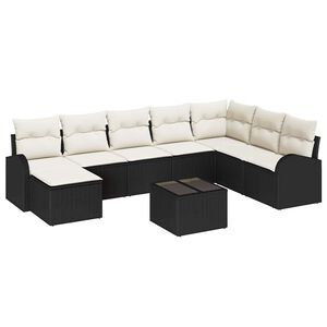 vidaXL Bankstel met kussen met opslag 9 pcs Zwart en Wit poly rattan