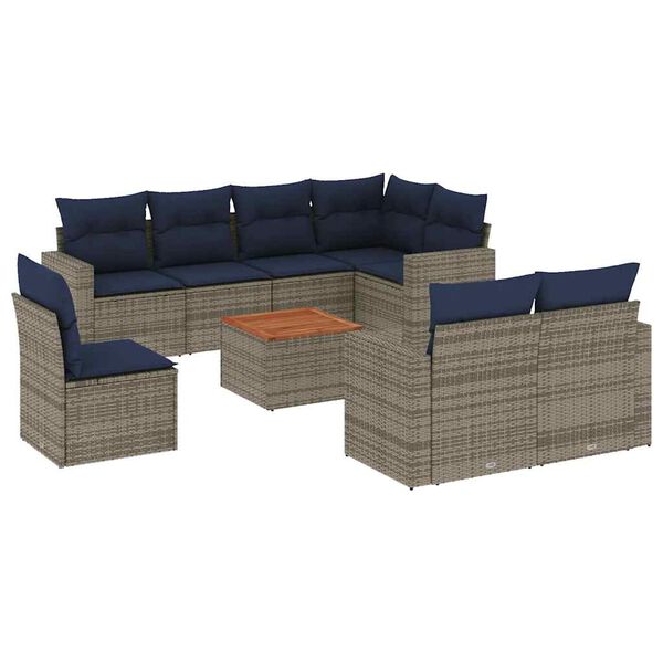 vidaXL 9-delige Loungeset met kussens poly rattan grijs