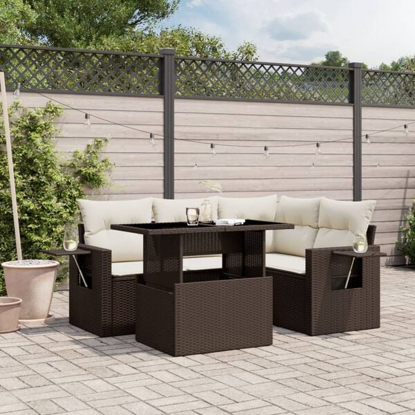 vidaXL 5-delige Loungeset met kussens poly rattan bruin