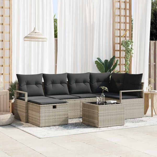 vidaXL Tuin Sofa Set met kussen met opslag 7 pcs Lichtgrijs Poly riet