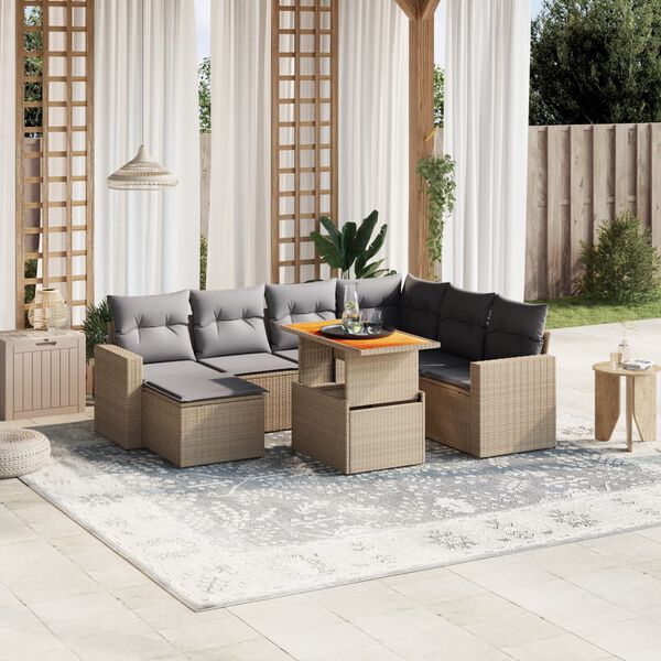 vidaXL 8-delige Loungeset met kussens poly rattan beige