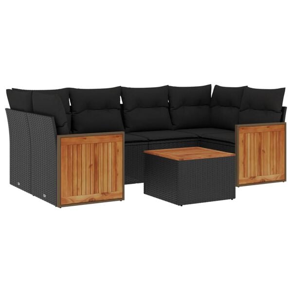 vidaXL 7-delige Loungeset met kussens poly rattan zwart