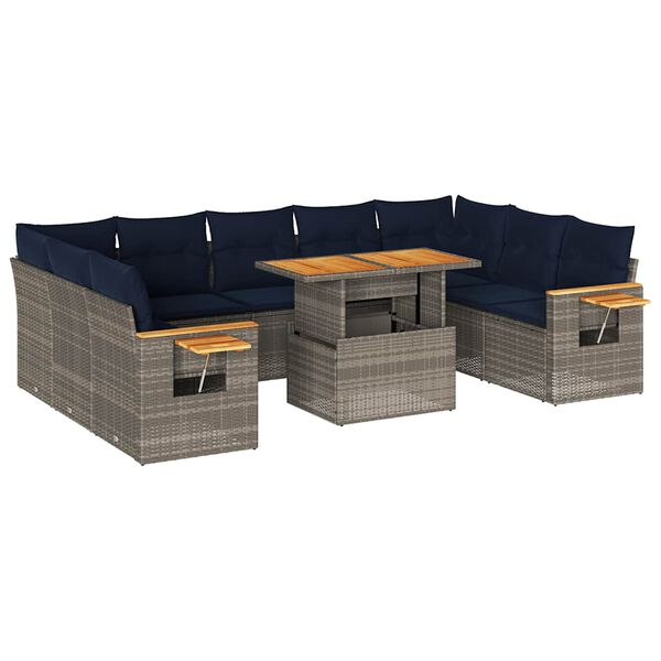 vidaXL 10-delige Loungeset met kussens poly rattan acacia grijs