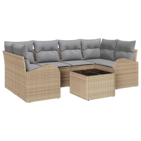 vidaXL Tuin Sofa Set 7 pcs Beige en Grijs Poly rattan, staal en glas