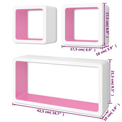 Wandplanken kubus MDF zwevend opbergruimte boeken/dvd 3 st wit-roze