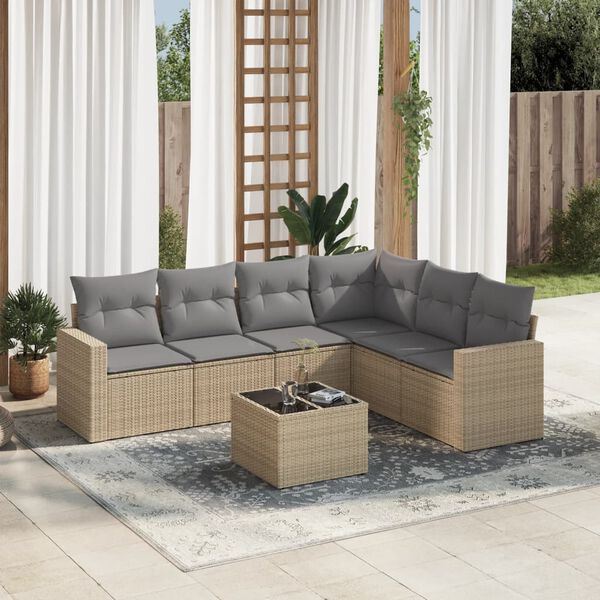 vidaXL 7-delige Loungeset met kussens poly rattan beige