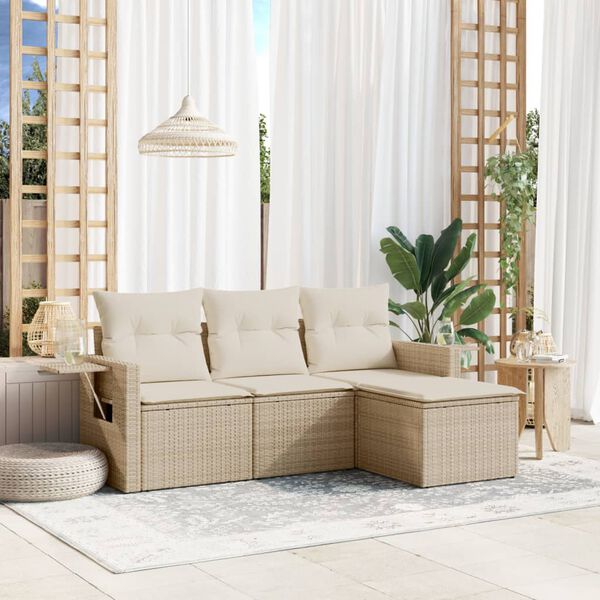 vidaXL 4-delige Loungeset met kussens poly rattan beige