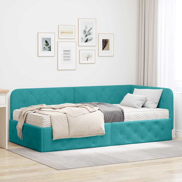 vidaXL Hoekbedframe met matras Turquoise 100 x 200 cm Fluweel