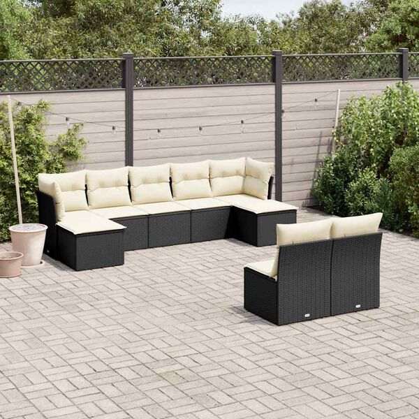 vidaXL 9-delige Loungeset met kussens poly rattan zwart