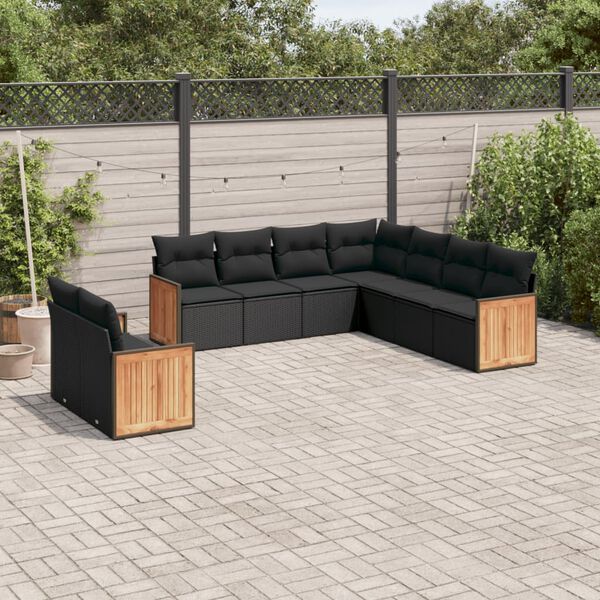 vidaXL 9-delige Loungeset met kussens poly rattan zwart