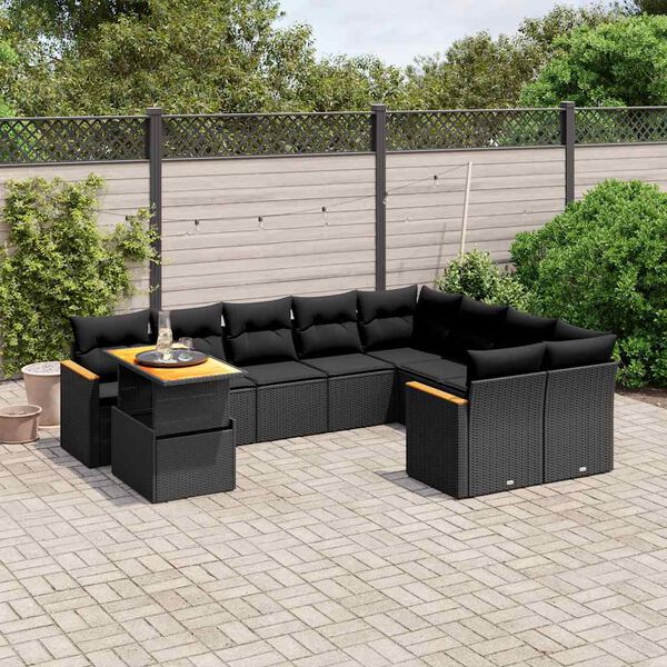 vidaXL 10-delige Loungeset met kussens poly rattan zwart