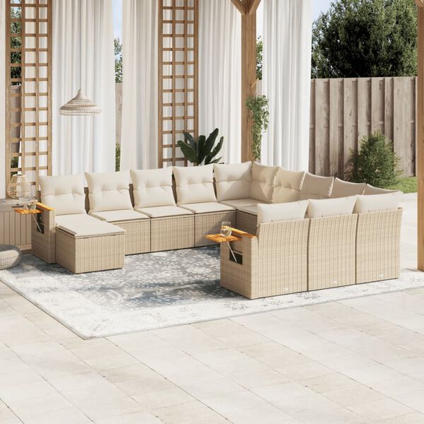 vidaXL 11-delige Tuinset met kussens poly rattan beige