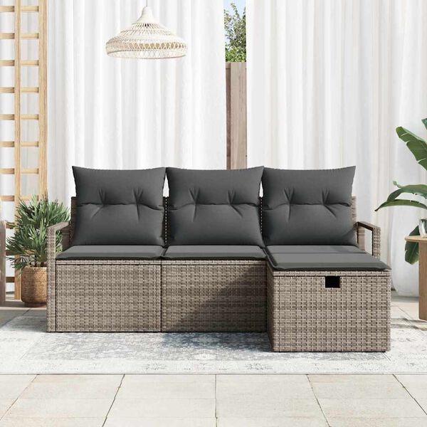 vidaXL Bankstel met kussen met opslag 4 pcs Grijs poly rattan