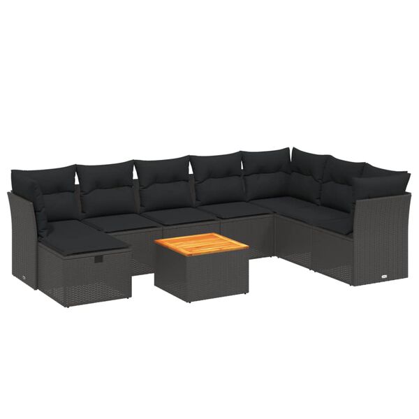 vidaXL 9-delige Loungeset met kussens poly rattan zwart