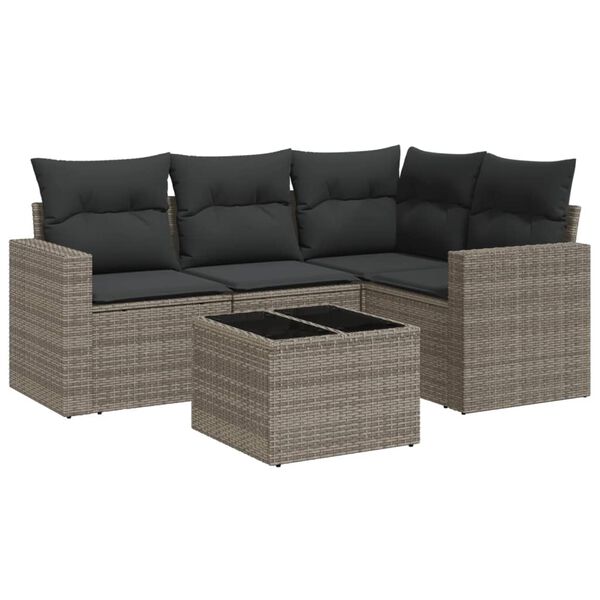 vidaXL 5-delige Loungeset met kussens poly rattan grijs