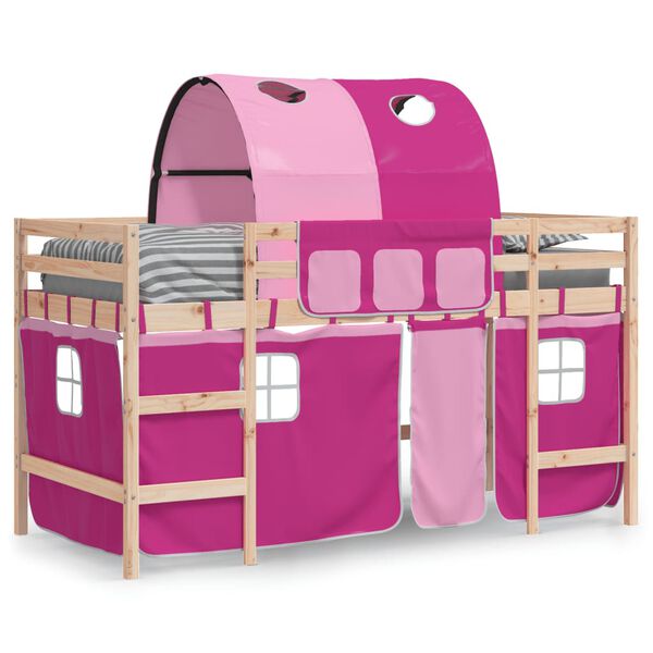 vidaXL Kinderhoogslaper met tunnel 90x200 cm massief grenenhout roze