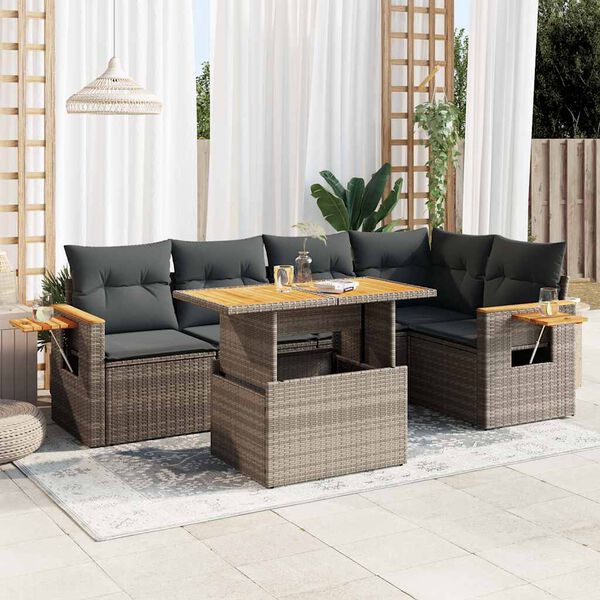 vidaXL 6-delige Loungeset met kussens poly rattan acacia grijs