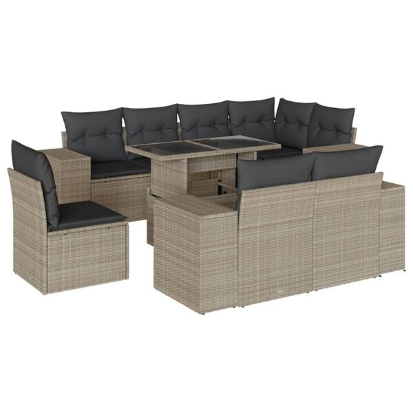 vidaXL 9-delige Loungeset met kussens poly rattan lichtgrijs