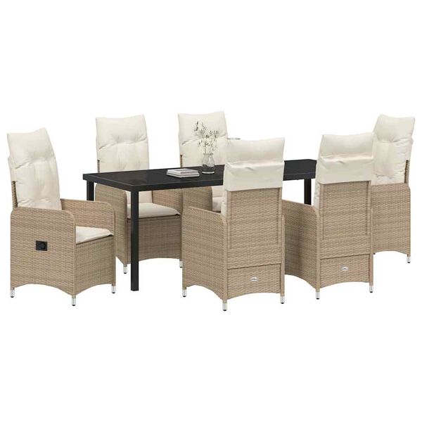vidaXL Tuin eettafelset met kussen 7 pcs Beige poly rattan