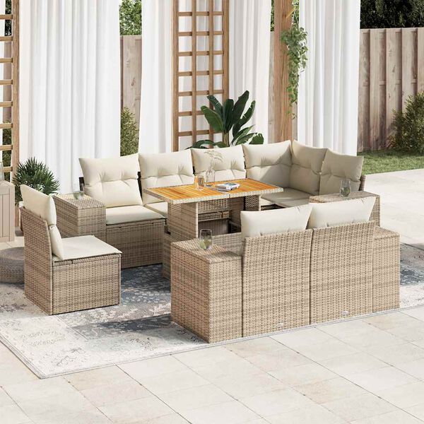 vidaXL 9-delige Loungeset met kussens poly rattan beige