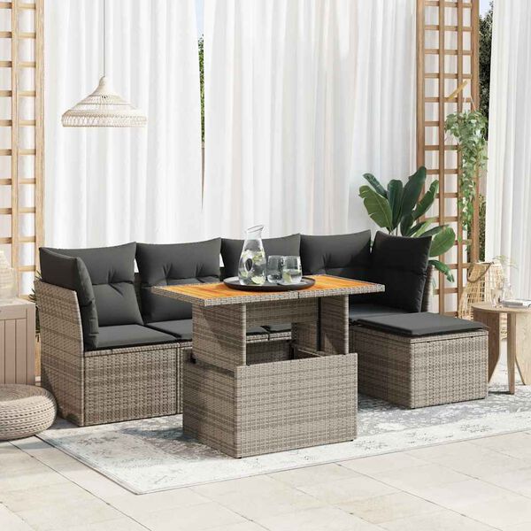 vidaXL 6-delige Loungeset met kussens poly rattan grijs