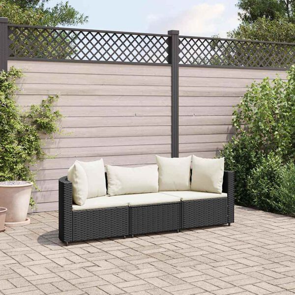 vidaXL 3-delige Loungeset met kussens poly rattan zwart