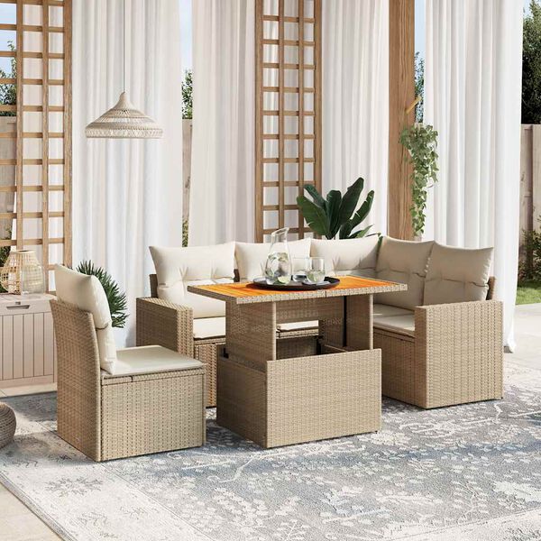 vidaXL 6-delige Loungeset met kussens poly rattan beige