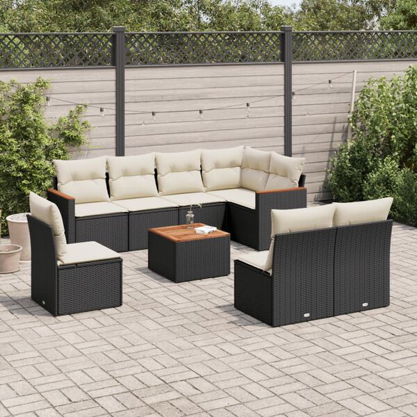 vidaXL 9-delige Loungeset met kussens poly rattan zwart