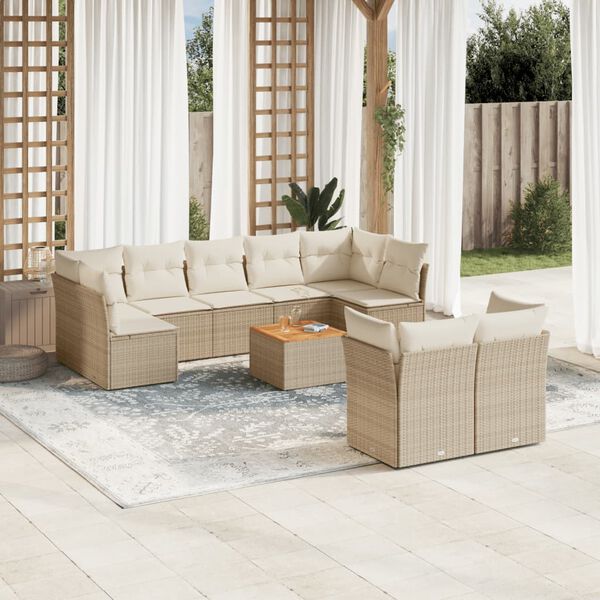 vidaXL 10-delige Loungeset met kussens poly rattan beige