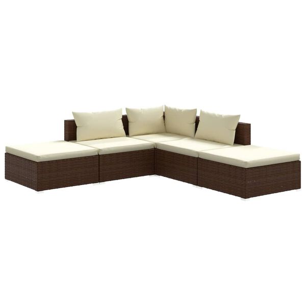 vidaXL 5-delige Loungeset met kussens poly rattan bruin