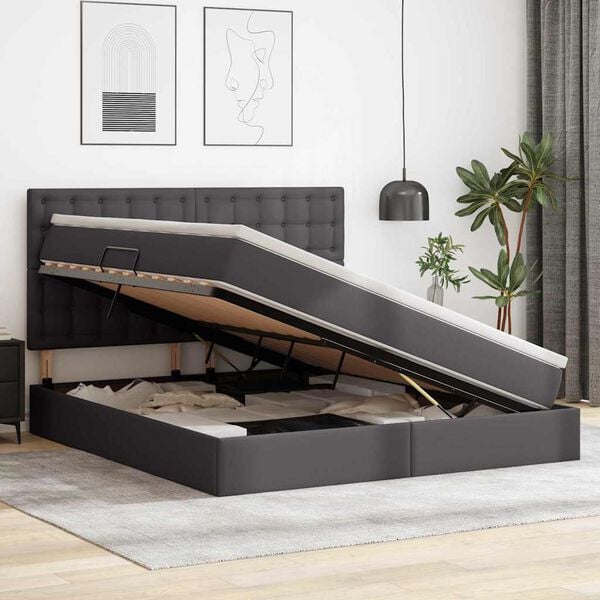 vidaXL Opbergbed met LED met matras Grijs 160 x 200 cm Nep Leer