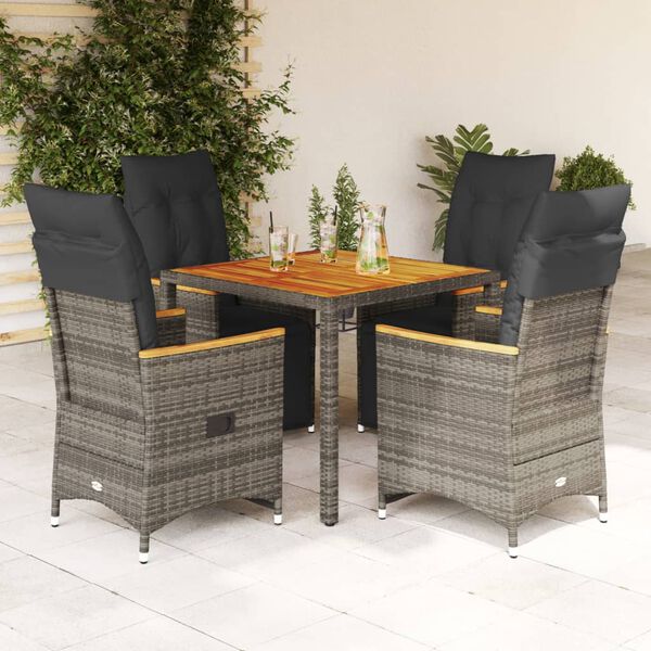 vidaXL 5-delige Bistroset met kussens poly rattan grijs
