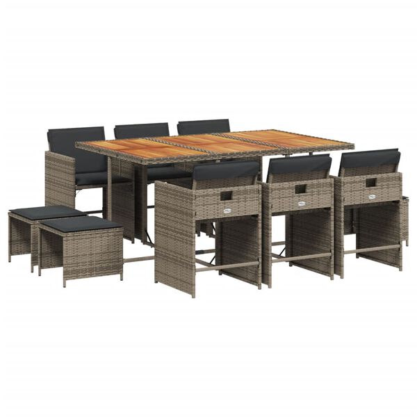 vidaXL 11-delige Tuinset met kussens poly rattan grijs