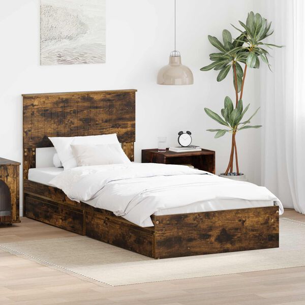 vidaXL Opslag bed met lade Gerookt eiken 90 x 200 cm Bewerkt hout
