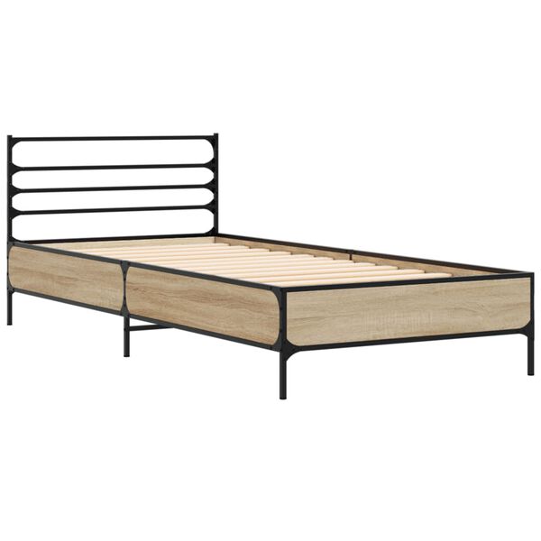 vidaXL Bedframe bewerkt hout en metaal sonoma eikenkleurig 90x200 cm
