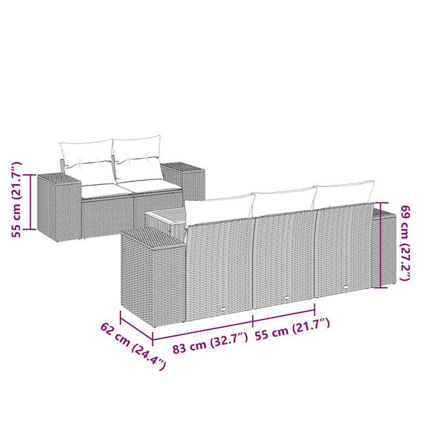 vidaXL 6-delige Loungeset met kussens poly rattan zwart