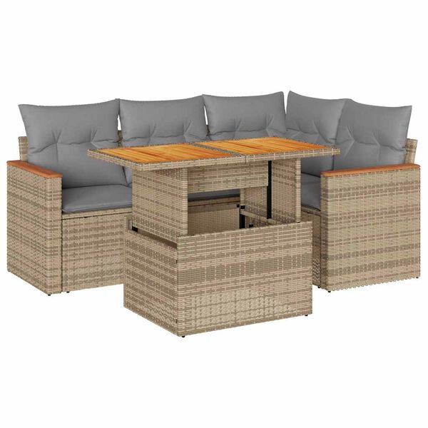 vidaXL 5-delige Loungeset met kussens poly rattan en acaciahout beige