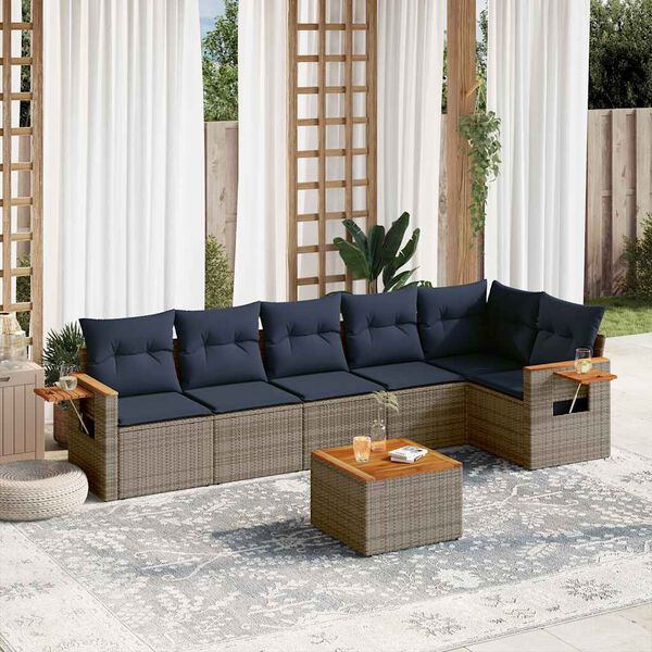 vidaXL 7-delige Loungeset met kussens poly rattan grijs