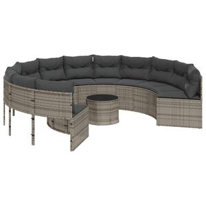 vidaXL Tuinbank met tafel en kussens rond poly rattan grijs