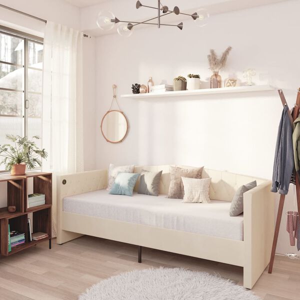 vidaXL Slaapbank met matras en USB fluweel cr&egrave;mekleurig 90x200 cm