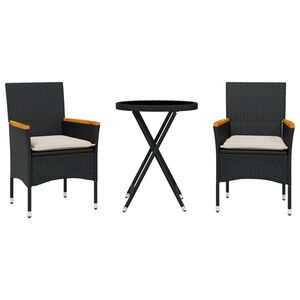 vidaXL 3-delige Bistroset met kussens poly rattan en glas zwart