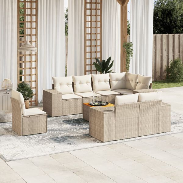 vidaXL 9-delige Loungeset met kussens poly rattan beige