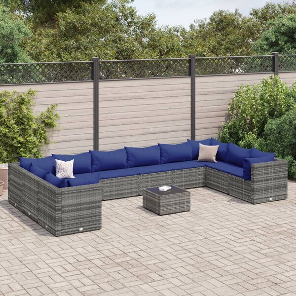 vidaXL 11-delige Loungeset met kussens poly rattan grijs